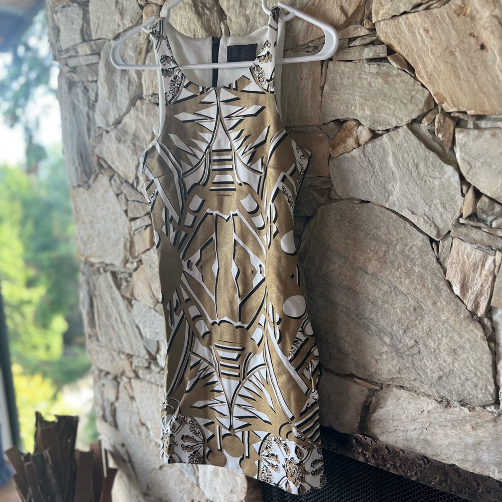 Gold, Black and white geometric pattern dress